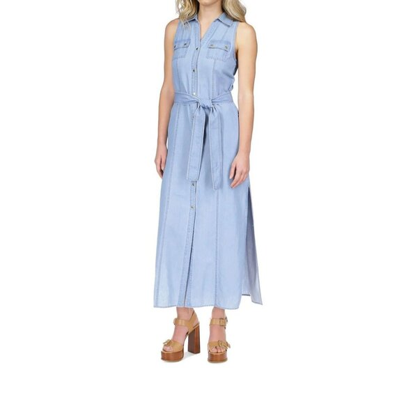 NWT Michael Kors Denim Long Sky Blue Wash Sleeveless Dress Size Large - Picture 1 of 11